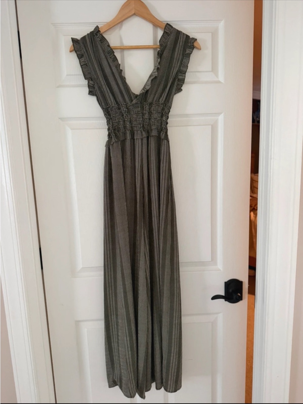 Blue Rain Wide Leg Jumpsuit XS Olive Green White Ruffle Smocked Boho V Neck